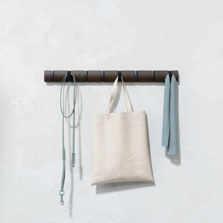 Flip Black and Walnut Solid Wood Wall Mounted Coat Rack with 8 Hooks