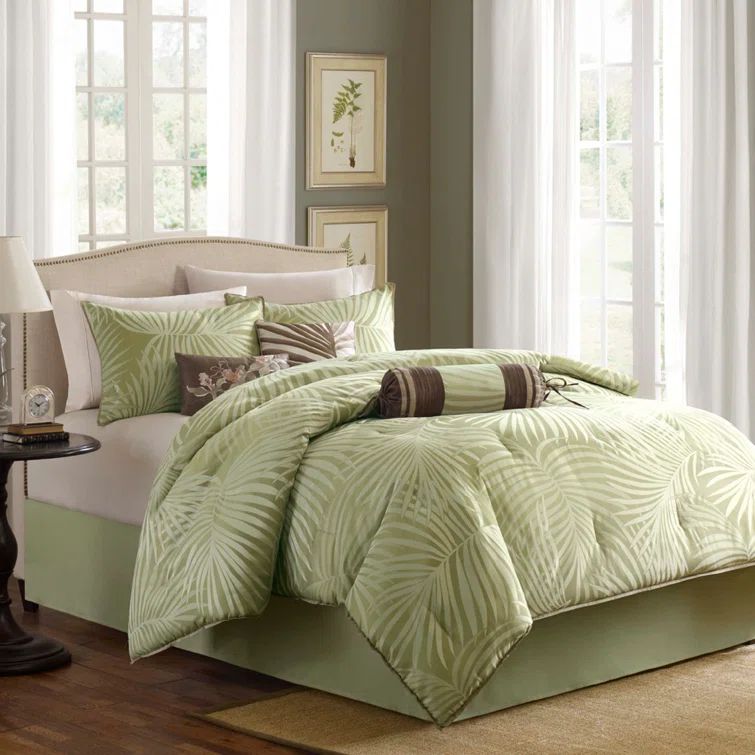 Soft Green and Ivory Palm Print Jacquard Comforter Set, Queen