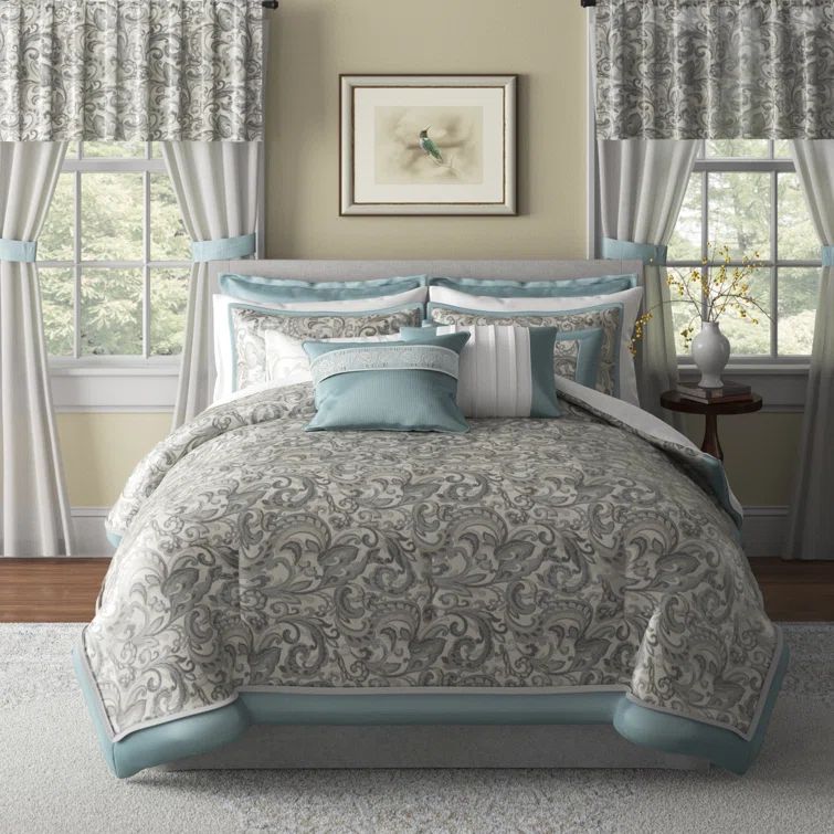 Teal and Grey Floral Motif King Microfiber Bedding Set