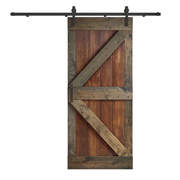 Dark Walnut and Aged Barrel Pine Wood Sliding Barn Door with Steel Hardware Kit