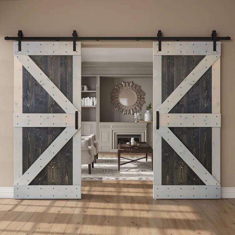 Carbon Gray and Light Grey Pine Wood Double Sliding Barn Door with Hardware Kit
