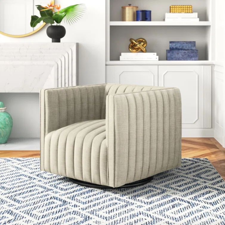 Beige Velvet Swivel Accent Chair with Wood Base