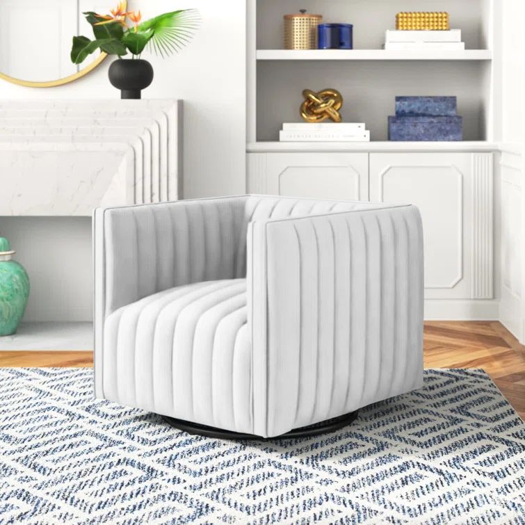 Elegant White Velvet Swivel Accent Chair with Wood Base
