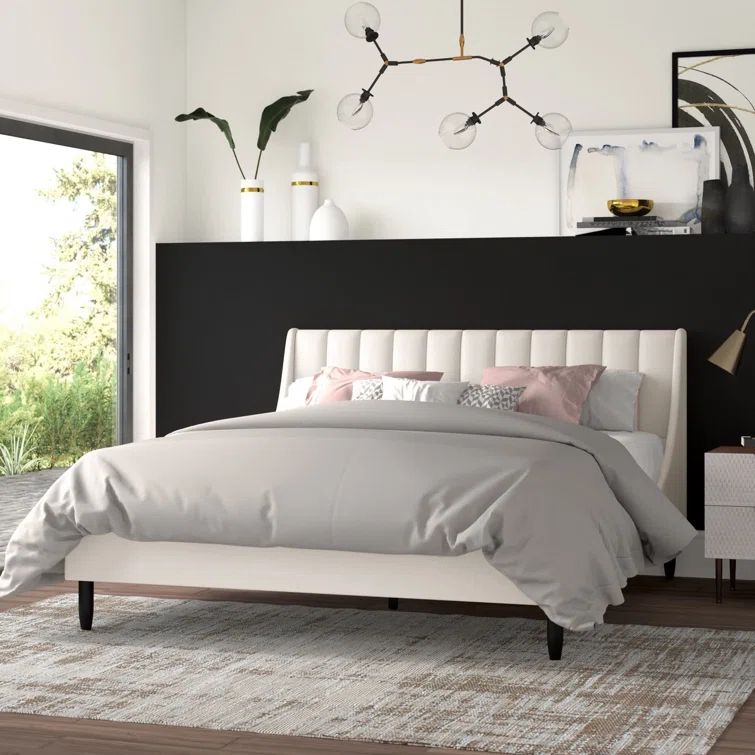 French Beige Velvet Tufted Upholstered Queen Bed with Wingback Headboard