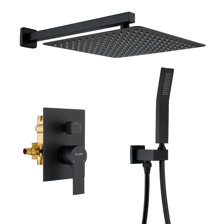 Matte Black Brass Rainfall Shower System with Handheld Shower