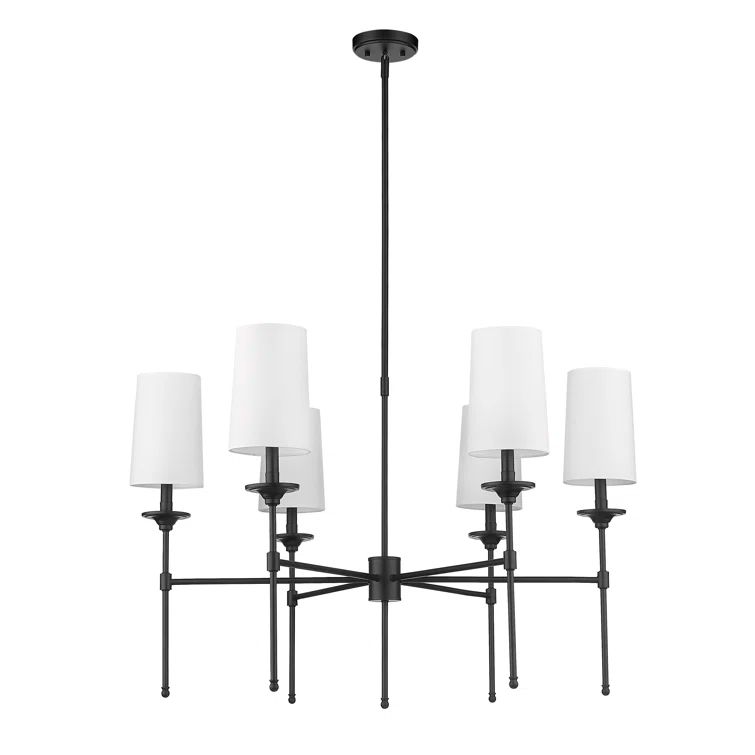 Elegant Matte Black 6-Light Chandelier with Off-White Linen Shades