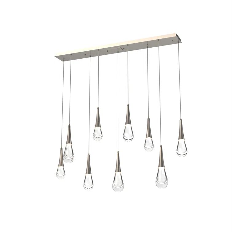 Ethereal Raindrop 9-Light Silver Linear Island Chandelier with Blown Glass