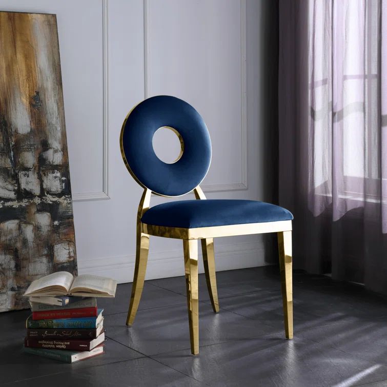 Navy Velvet Upholstered Side Chair with Gold Metal Legs