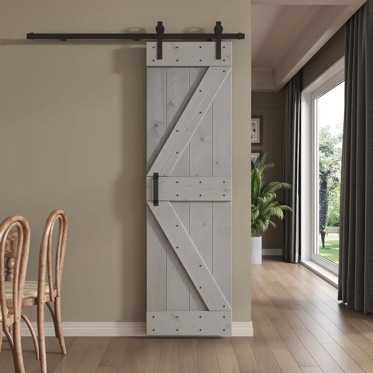 Light Grey Pine Wood Sliding Barn Door with Black Hardware Kit