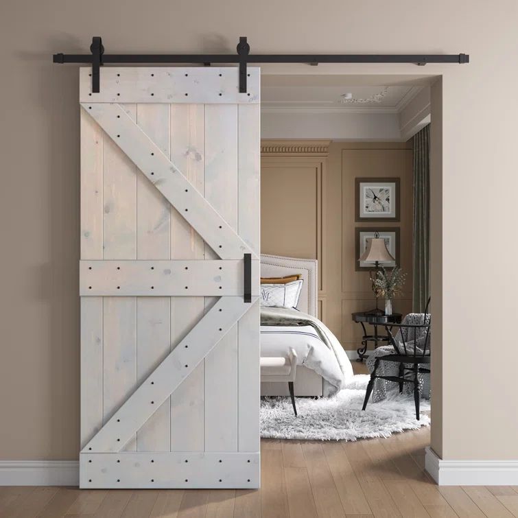 Light Grey Pine Wood Sliding Barn Door with Black Hardware Kit