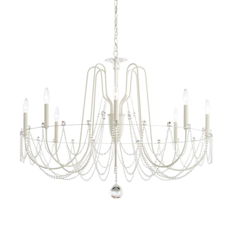 White Beaded Steel Candle Style Chandelier with Crystals