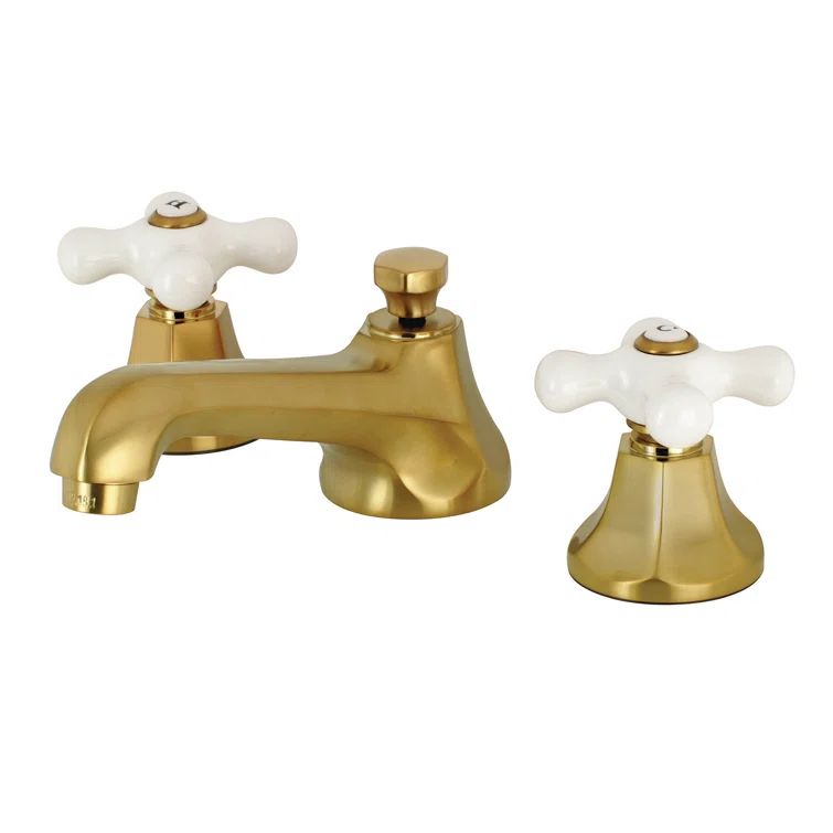 Metropolitan Brushed Brass Widespread Bathroom Faucet with Porcelain Handles