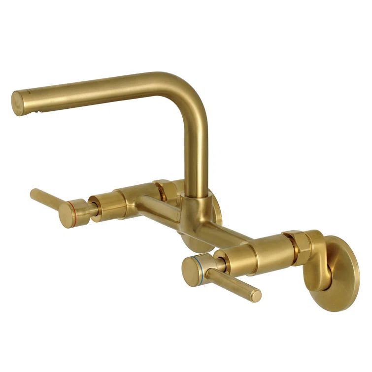 Brushed Brass Wall Mount Kitchen Bridge Faucet