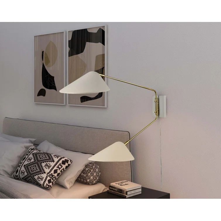 White Adjustable Swing Arm Wall Sconce with Brass Accents