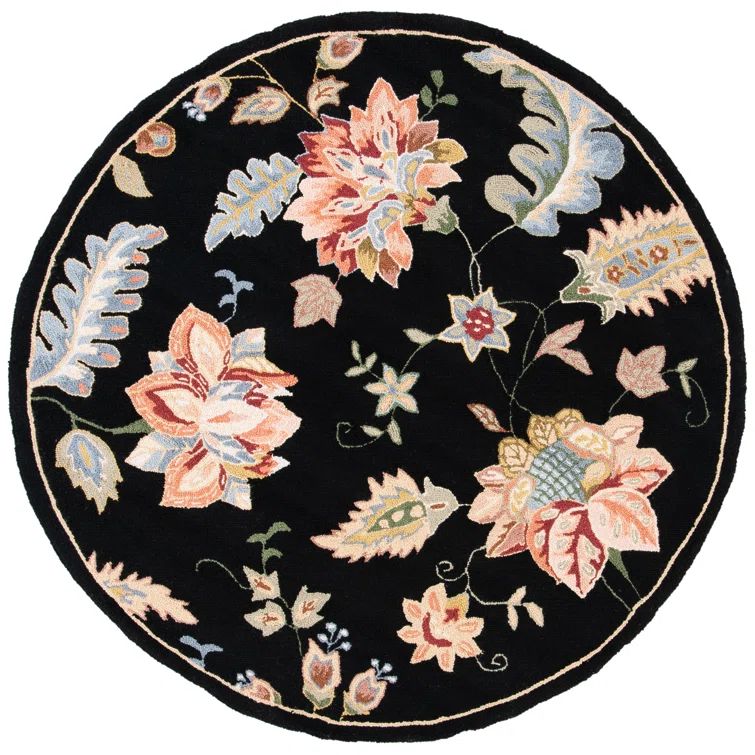 Handmade Chelsea Floral Black Wool Round Rug - 3' Diameter