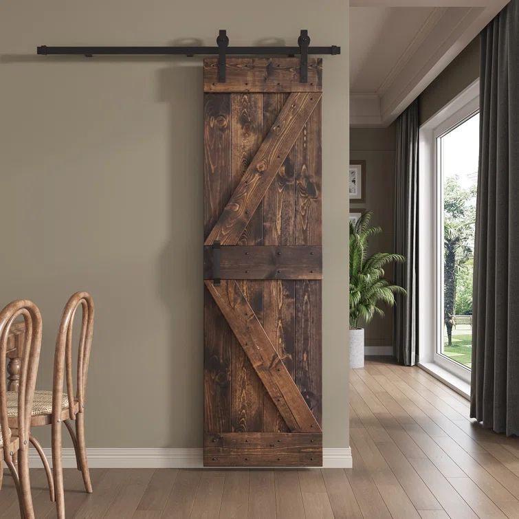 Kona Coffee Pine Wood Sliding Barn Door with Black Hardware Kit