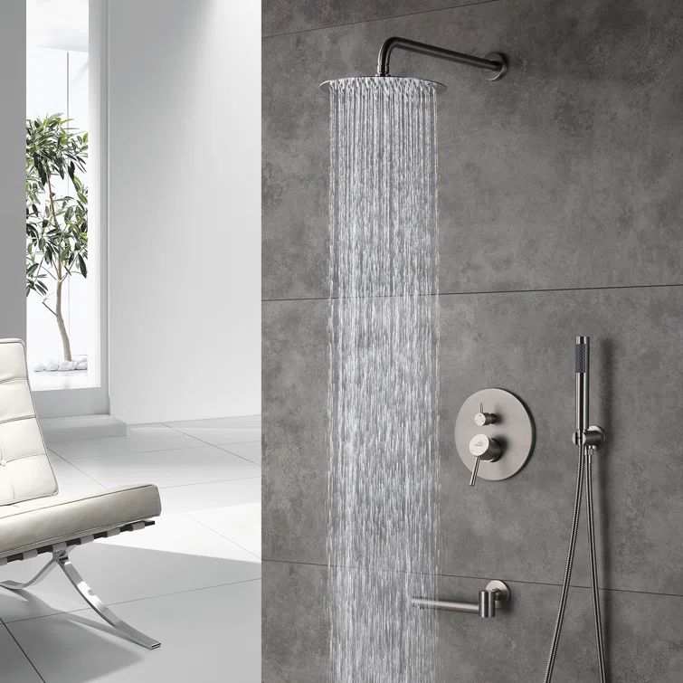 Brushed Nickel Dual Rain Shower Head with Handheld and Tub Faucet