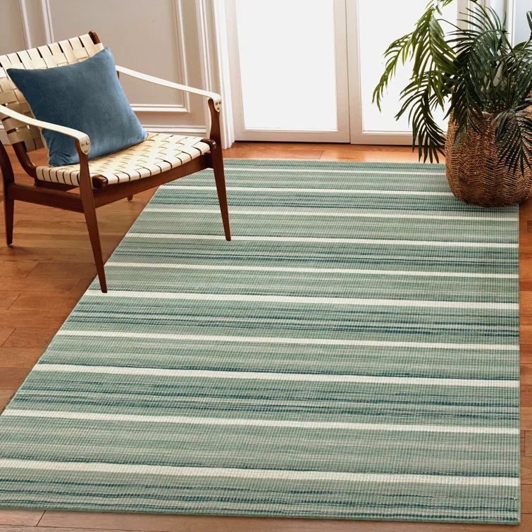 Aqua and White Striped Wool 5' x 7' Handmade Area Rug