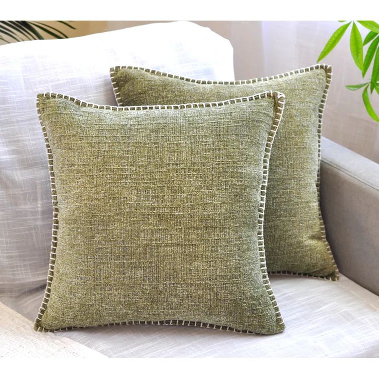 Olive Green Chenille Square Throw Pillow Covers with Piped Edges, 20x20, Set of 2