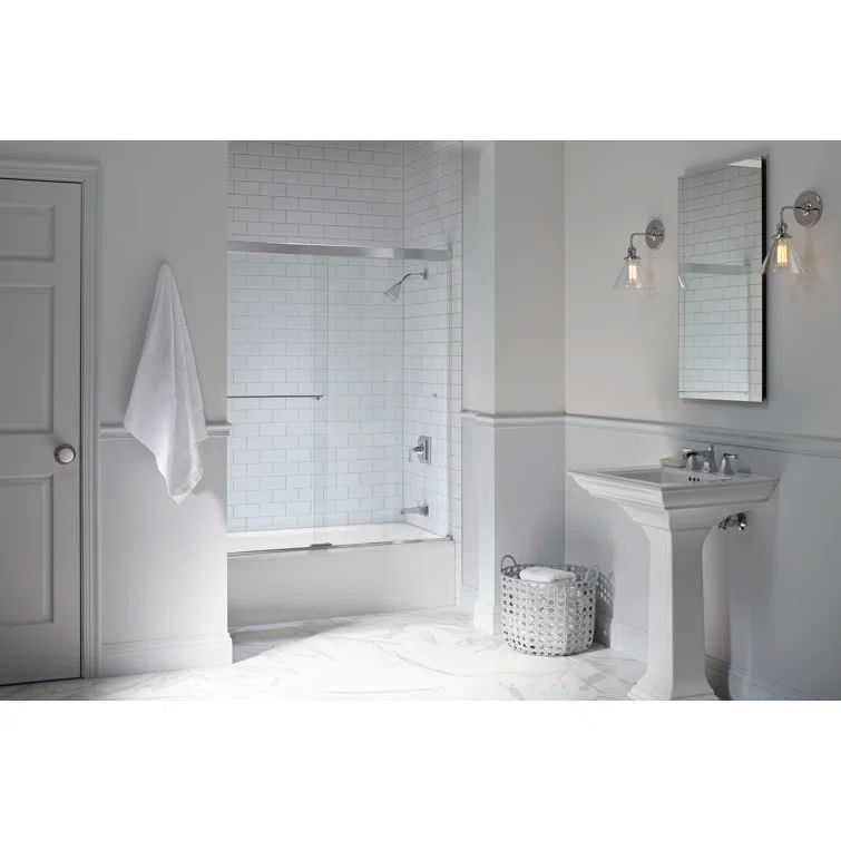 Bright Polished Silver Frameless Sliding Bath Door with Clear Glass