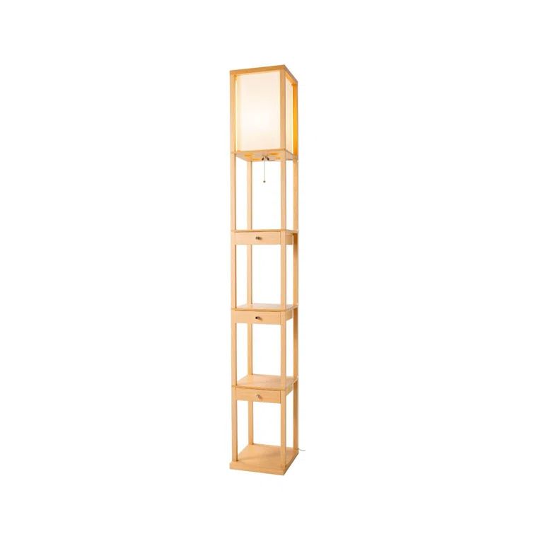 72" Natural Wood LED Floor Lamp with Shelves and Drawers