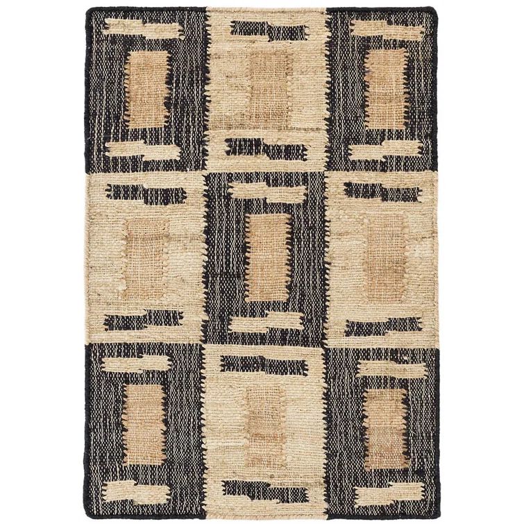 Handmade Black and Beige Geometric Wool and Viscose Area Rug