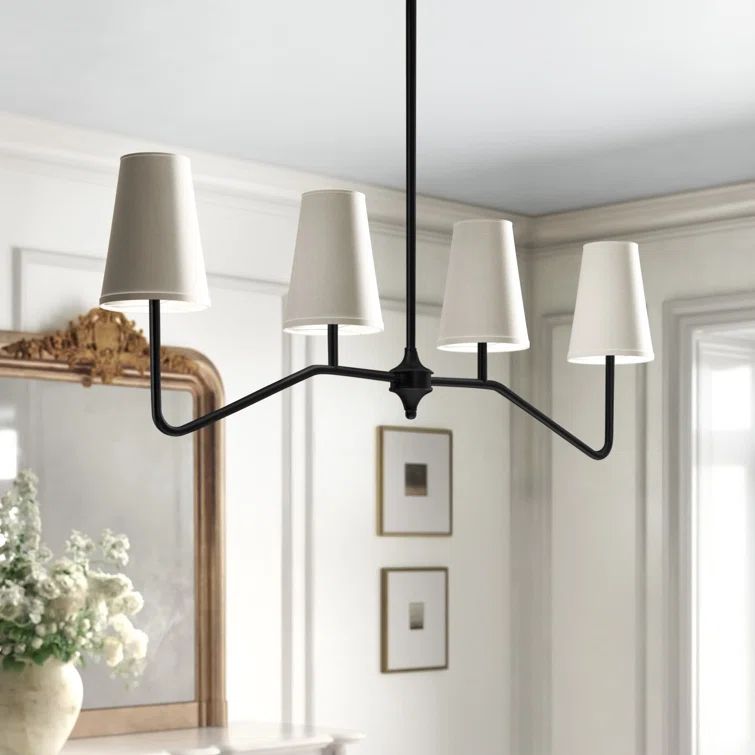 Midcentury Modern Bronze 4-Light Linear Chandelier with White Shades