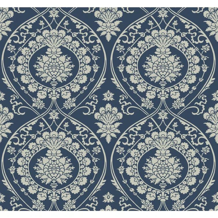 Navy and Silver Damask Nonwoven Removable Wallpaper