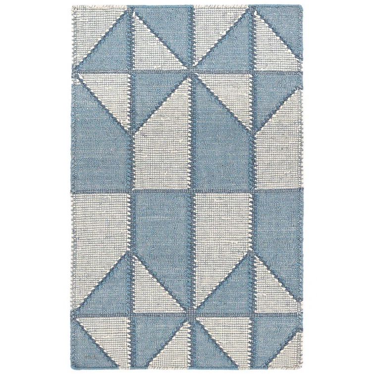 Blue and White Handwoven Cotton Wool Geometric Diamond Rug, 8' x 10'