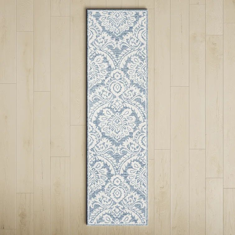 Luxe Tufted Handmade Wool & Cotton Runner Rug in Blue and Ivory