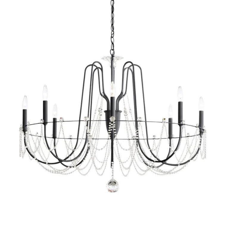 Ferro Black Steel Candle Style Chandelier with Clear Crystal Beading