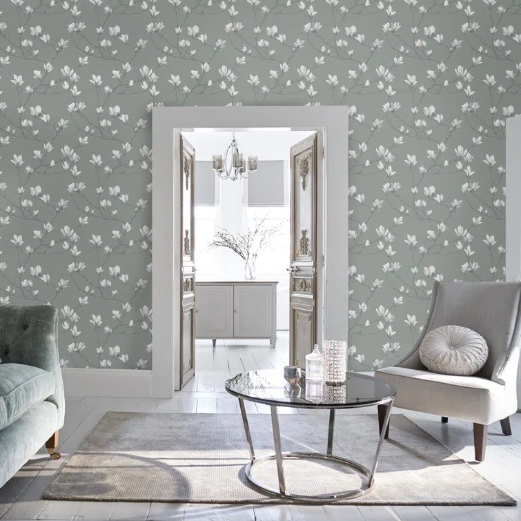 Laura Ashley Slate Floral Wallpaper Roll with White and Beige Blossoms