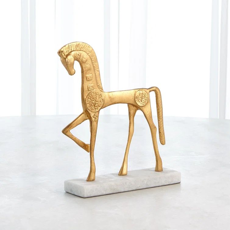 Elegant Gold Leaf Roman Horse Sculpture on Marble Base
