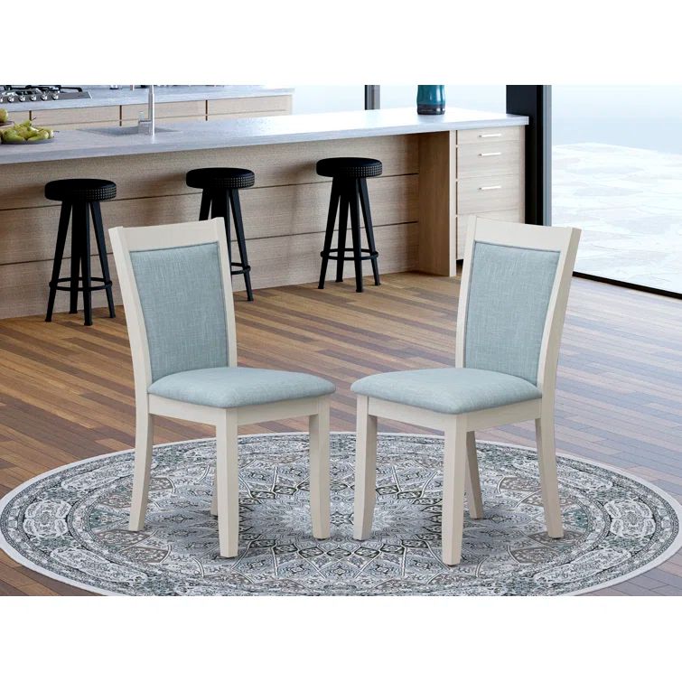 Baby Blue Linen Upholstered Parsons Side Chair with White Wooden Legs