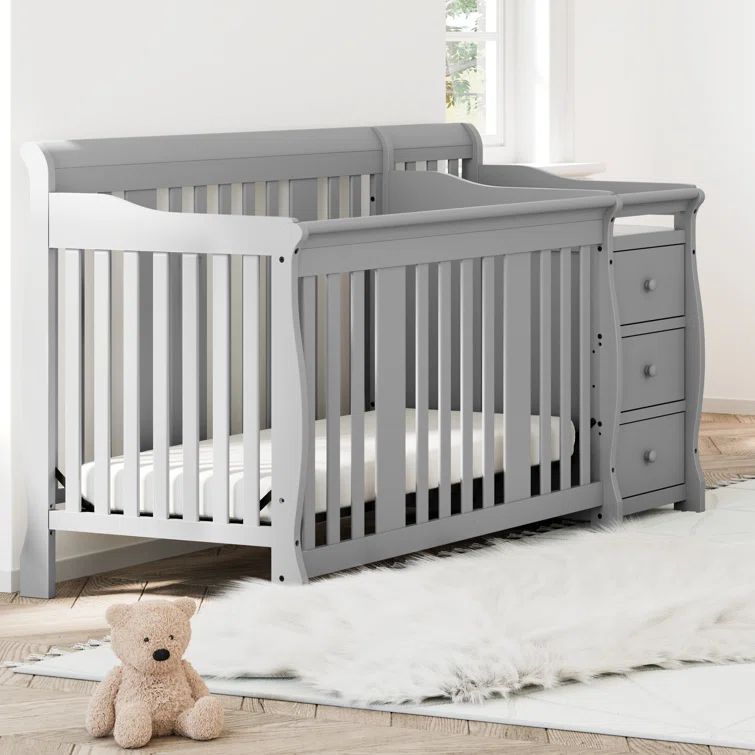 Pebble Gray Pine Wood Convertible Crib with Changing Table