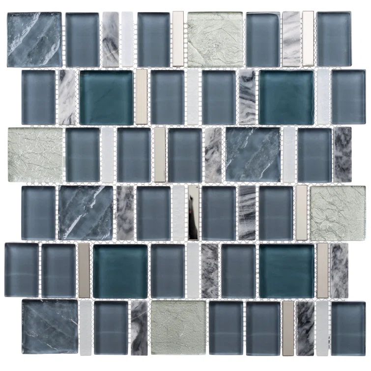 Estee Water Blue and Gray Glass Stone Metal Mosaic Tile
