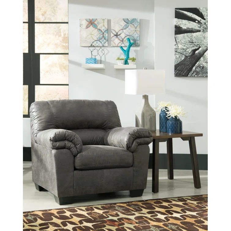 Traditional Slate Gray Faux Leather Accent Chair with Plush Cushions