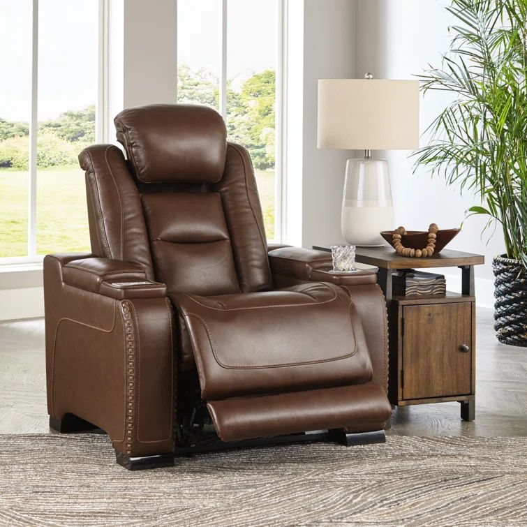 Contemporary Brown Leather Power Recliner with USB Charging