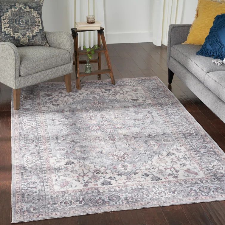 Gray Floral Medallion Machine Washable Area Rug 5'3" x 7'3"