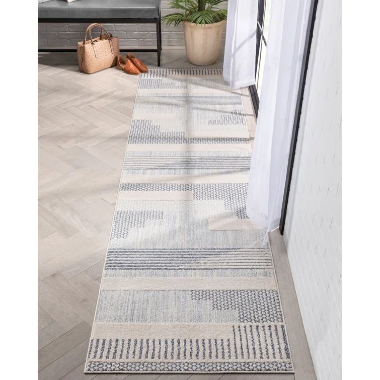 Reversible Blue Geometric Synthetic Runner Rug 31" x 118"