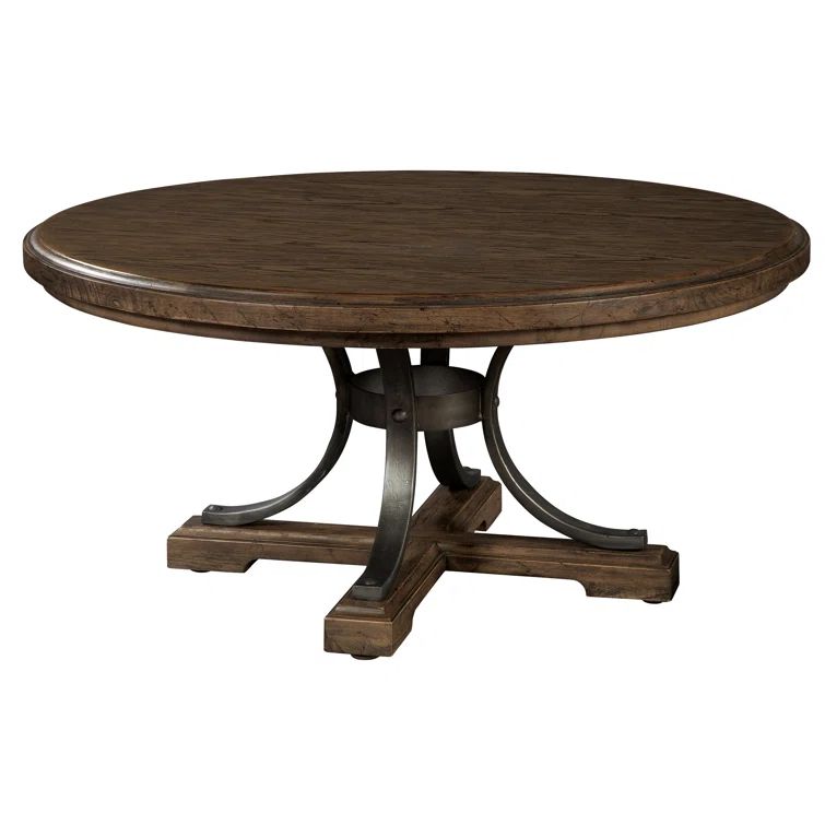 Elegant Transitional 42" Round Cocktail Table in Brown Wood & Metal