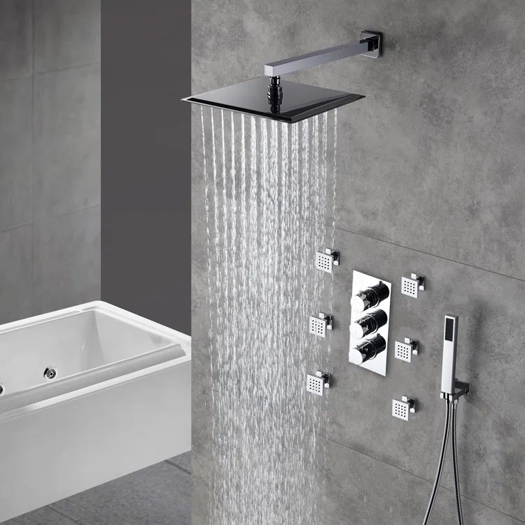 Chrome Dual Square Wall Mounted Shower System with Handheld and Body Jets