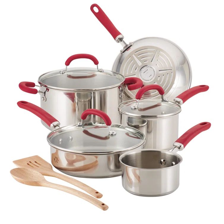 10-Piece Stainless Steel Cookware Set with Red Handles