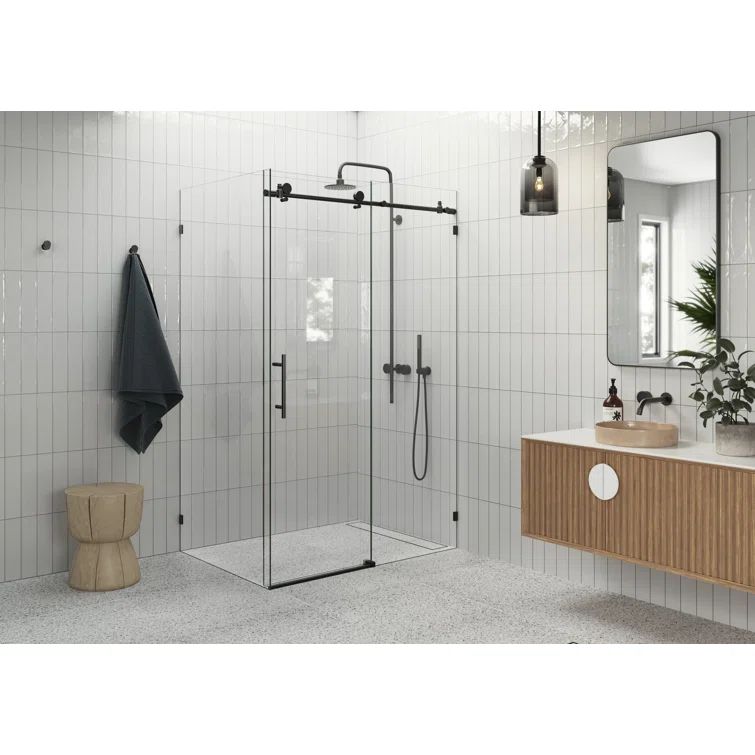 Matte Black Frameless Sliding Glass Shower Enclosure, 48 x 78 inches