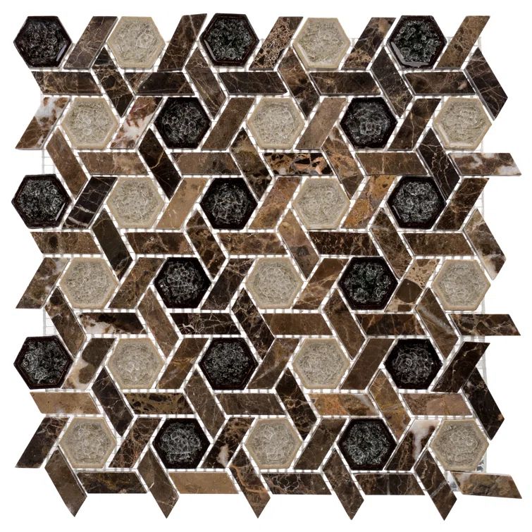 Hexagon Natural Stone and Glass Mosaic Tile Sheet