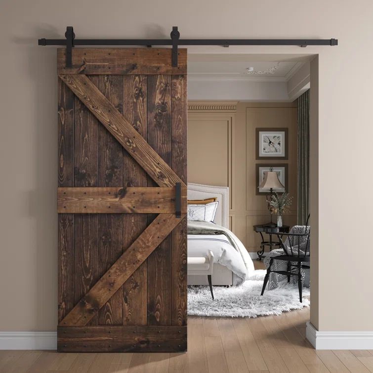 Kona Coffee Pine Wood Sliding Barn Door with Steel Hardware Kit