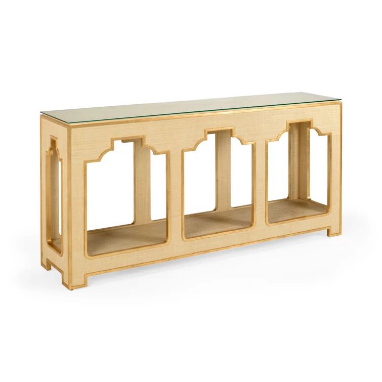 Cream and Gold Leaf Wood Console Table with Glass Top
