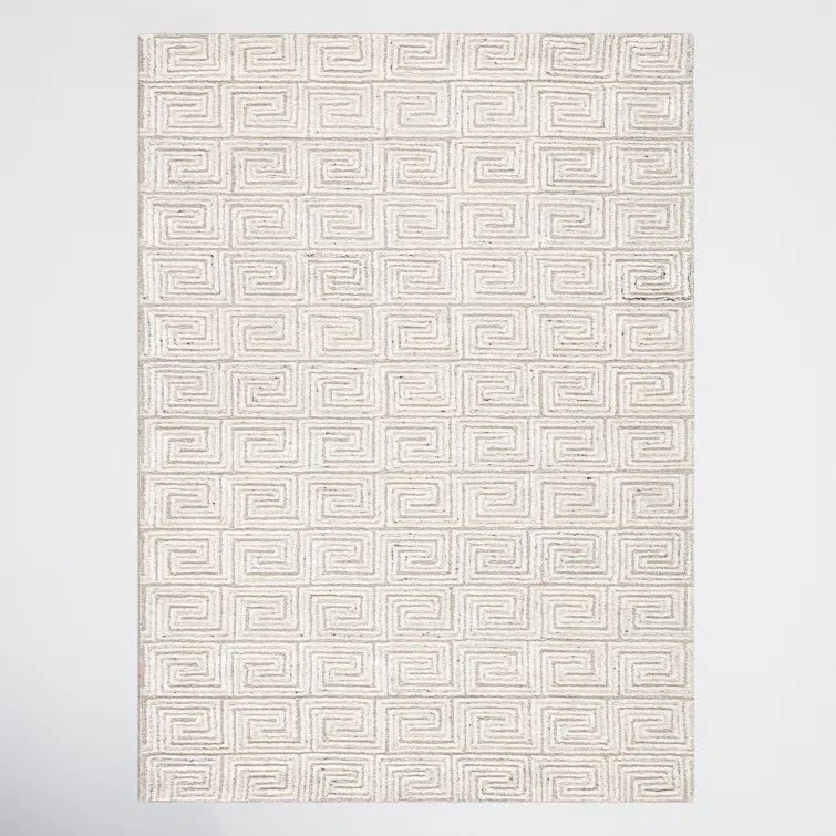 Handmade White and Gray Geometric Wool Rug 9' x 13'