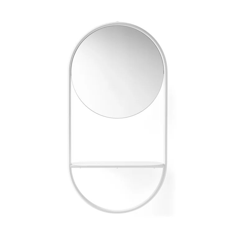 White Round Metal Frame Accent Mirror with Shelf