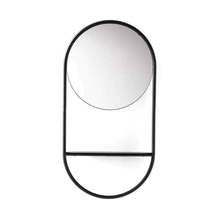 Modern Round Wall-Mounted Mirror with Metal Frame and Storage Shelves
